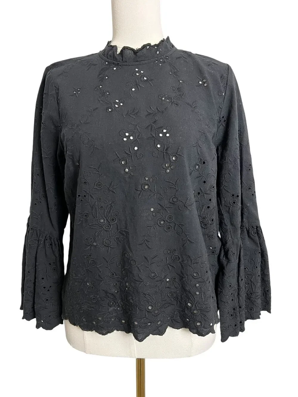 Ulla Johnson Blouse Womens 6 Black Embroidered Eyelet Bell Sleeve Mock Neck Top